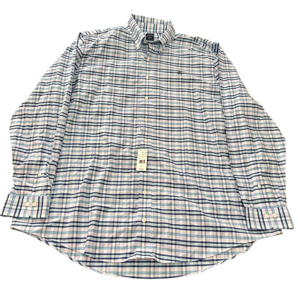 Brooks Brothers Shirt Mens 2XLT Blue Plaid Non-Iron Stretch Button Down Casual